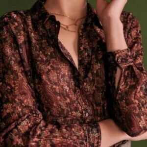 Sezane Ann Silk Blouse Folk Bordeaux Semi Sheer Burgundy Floral w Gold Threading